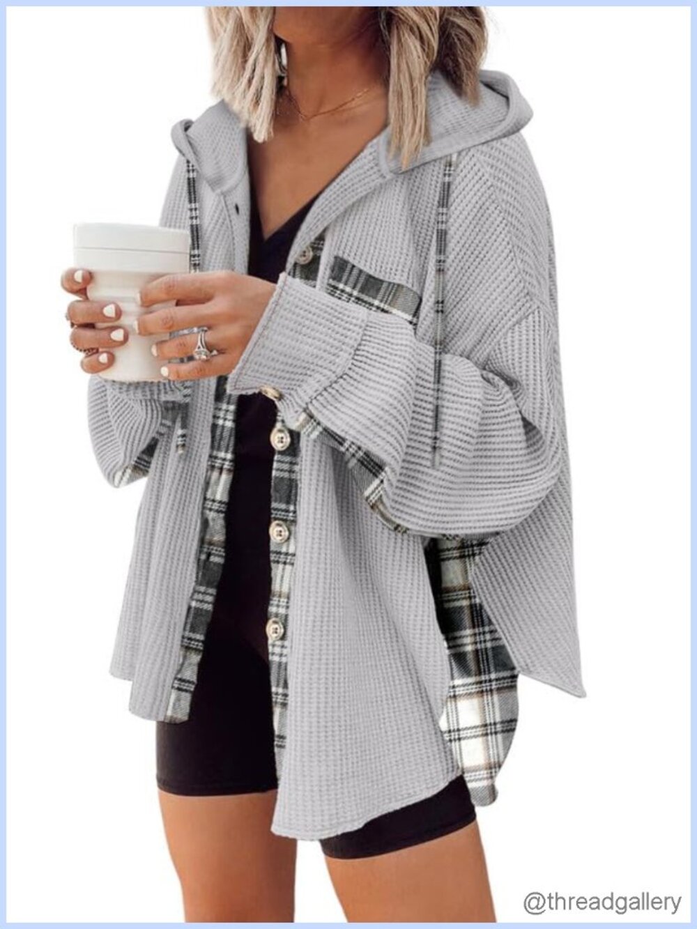 Waffle Knit Plaid Shacket Button Down Hooded Shirt Jacket